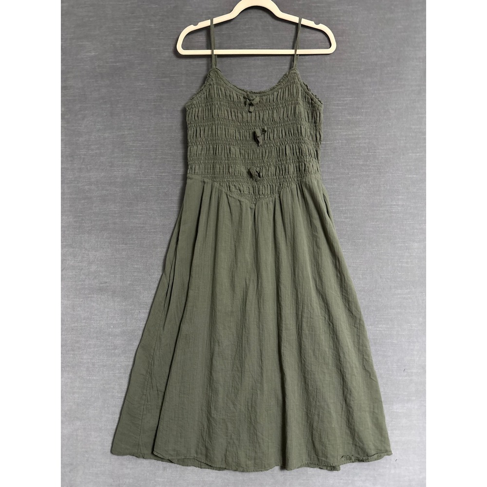 American Eagle Dress M Olive Green Cotton Smocked Basque Boho Midi Gauzy Fall